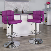 Flash Furniture Contemporary Purple Quilted Vinyl Adjustable Height Bar Stool with Arms and Chrome Base CH-102029-PUR-GG
